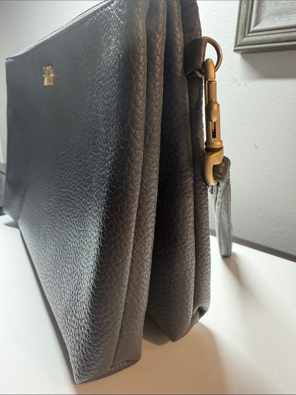 Freshly Picked Pebbled Charcoal Gray Wristlet with Gold Logo - Picture 5 of 9